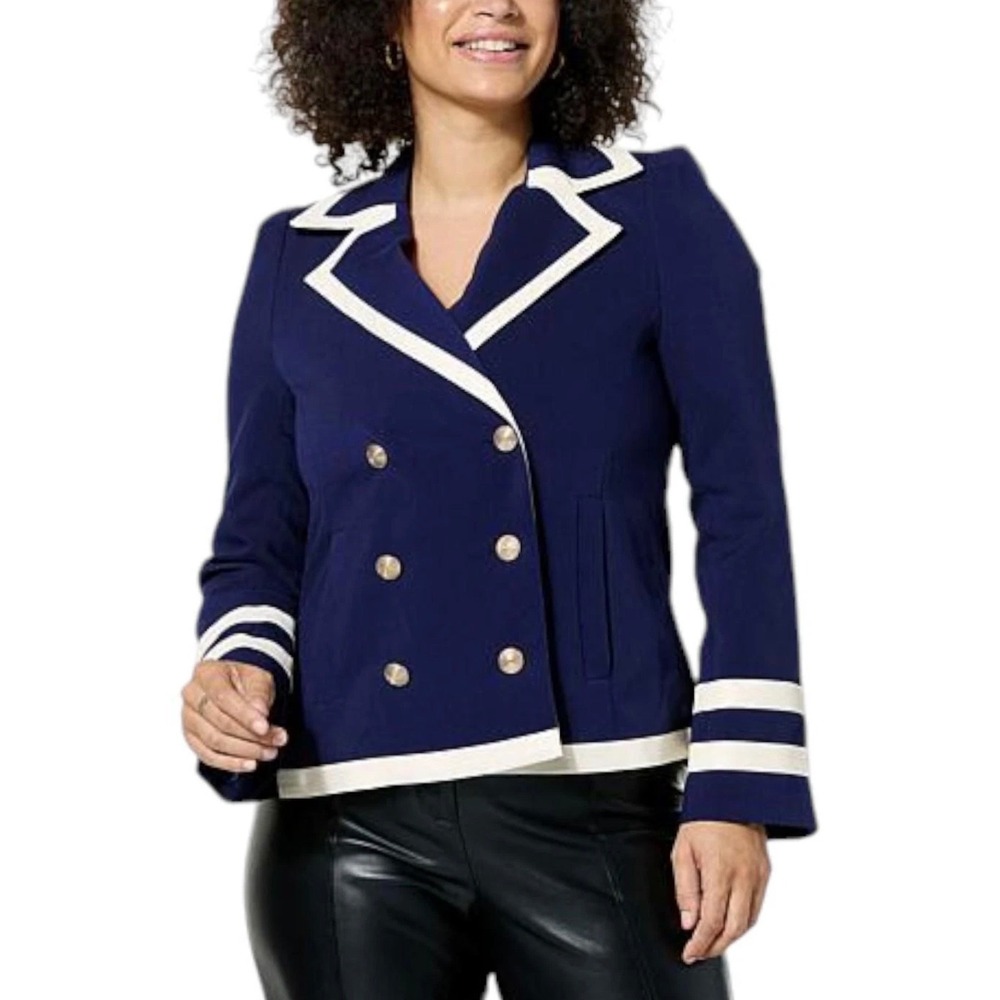 Kathy Ireland Blazer Women 1X Navy Blue Nautical Preppy Double Breasted Contrast - Picture 1 of 9